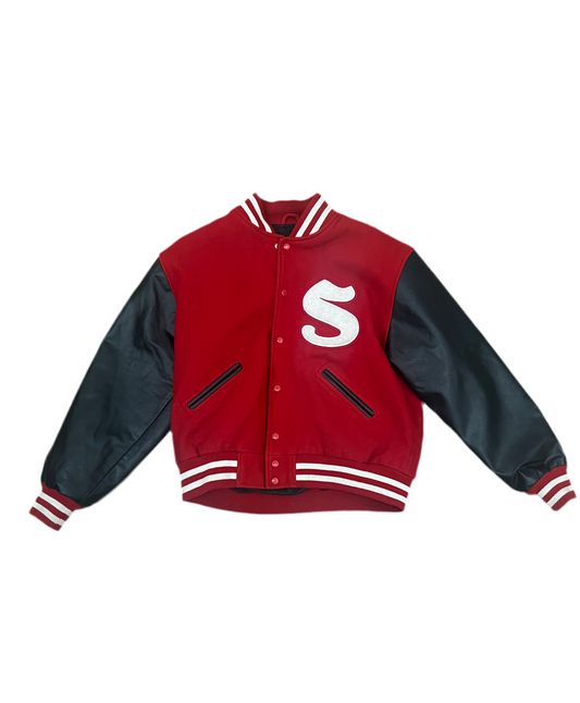 Vintage Red & Black Varsity Letterman Jacket with “S” Patch – Powers 1950s Style Wool & Leather